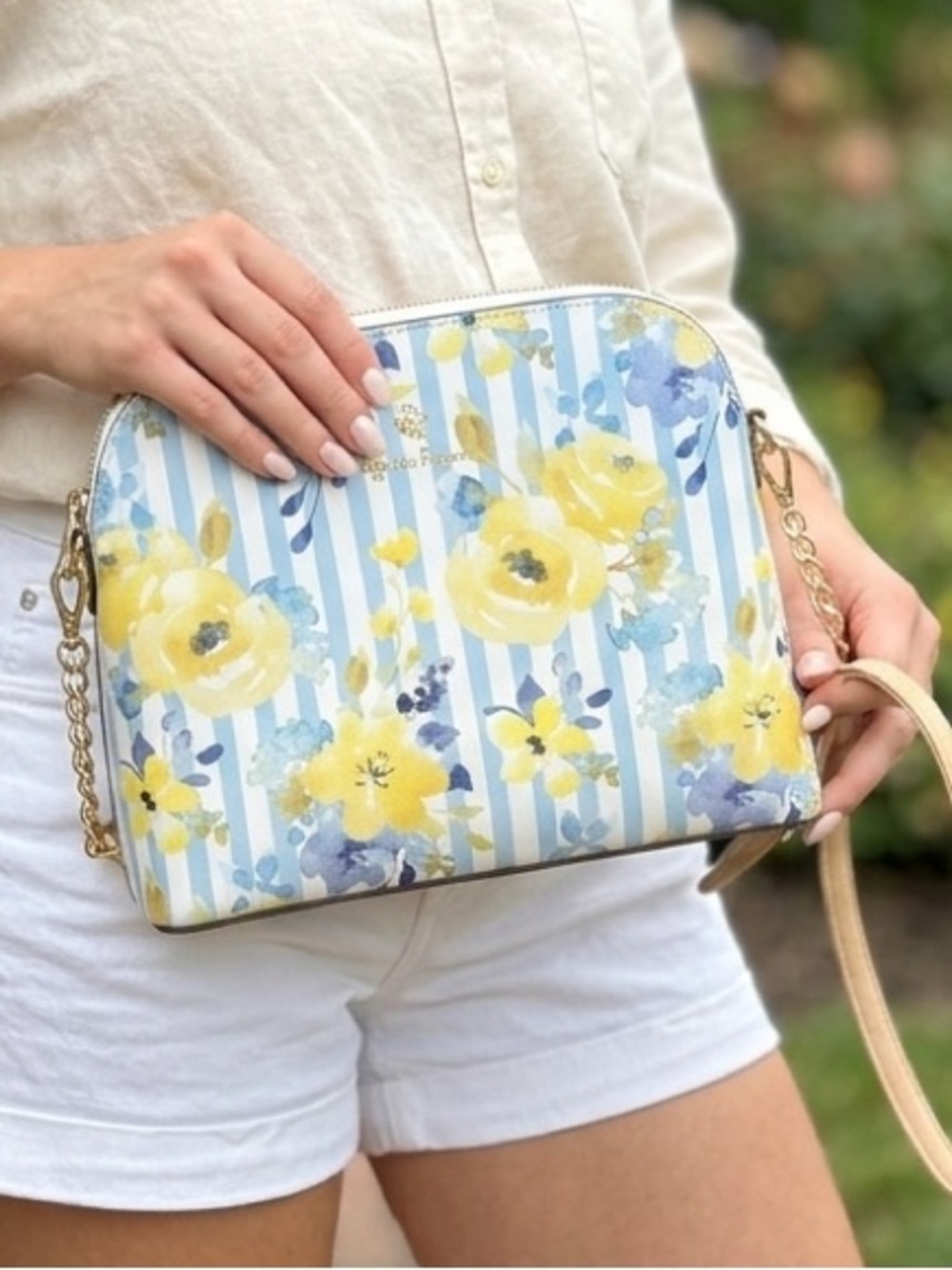 Nanette Lepore Floral Stripe Dome Crossbody Bag Blue Yellow White